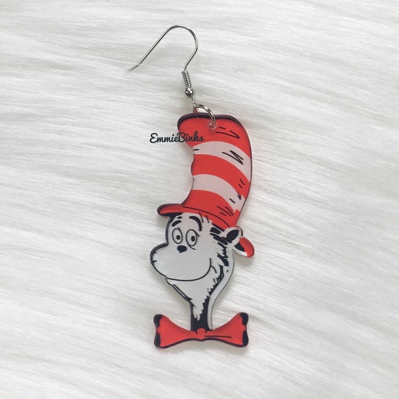 ✨3for$38 New Cat In The Hat Dr. Seuss Illustrated Character Dangle Earrings - Picture 3 of 11